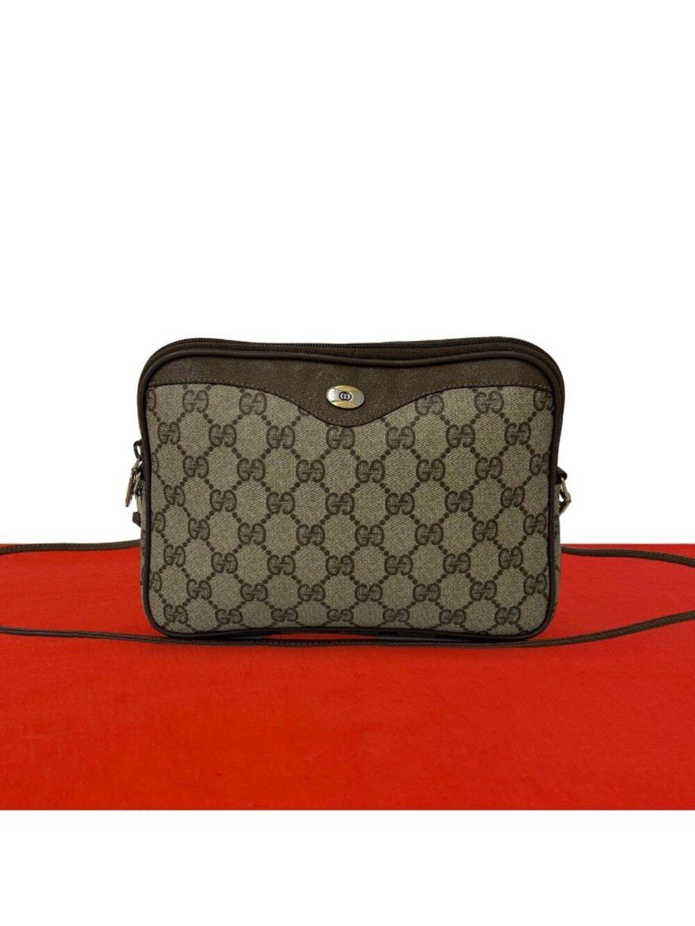 Gucci Vintage GG Pattern Logo Leather Shoulder Bag Crossbody Pochette Brown